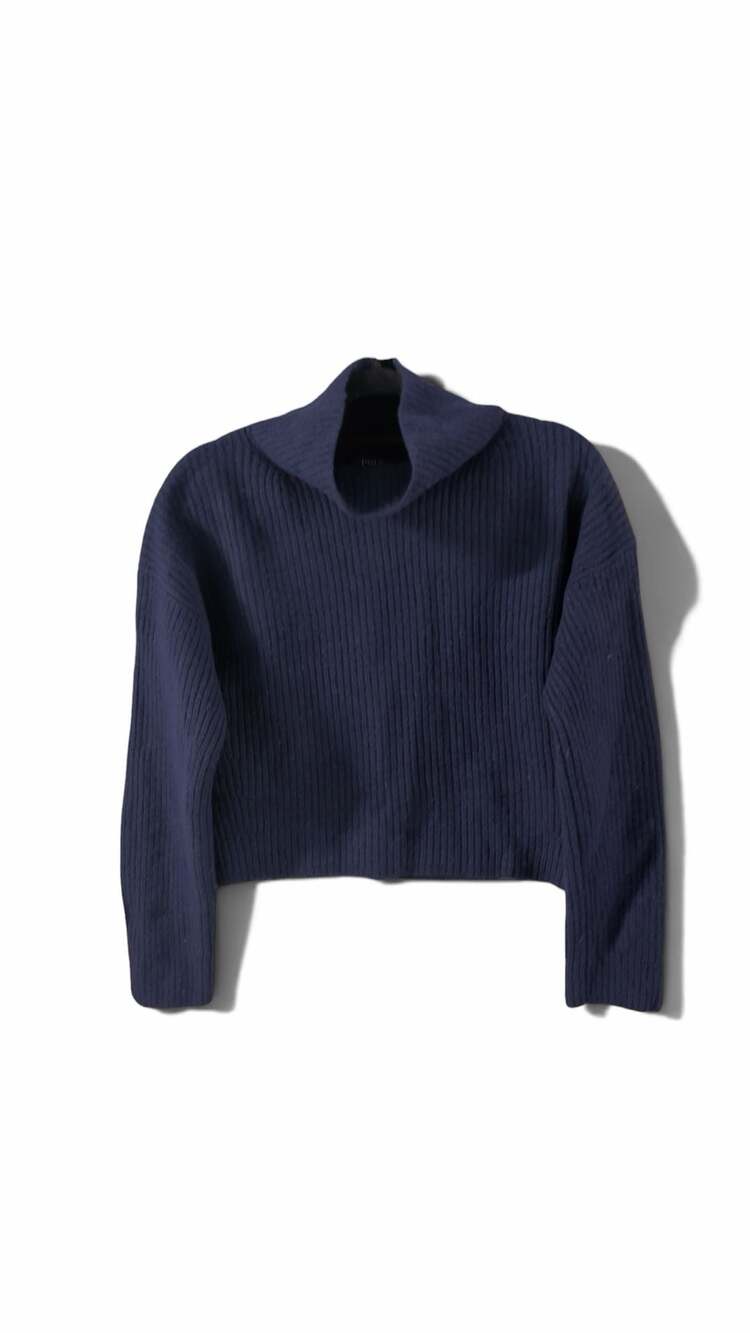 Polo Ralph Lauren Navy Blue Wool Cashmere Cropped Ribbed Mock Neck Sweater M